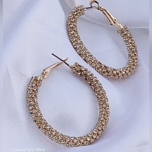 Whats Hot Jewelry Women's Gold Baggette Rhinestone Wrapped 2" Hoop Earrings